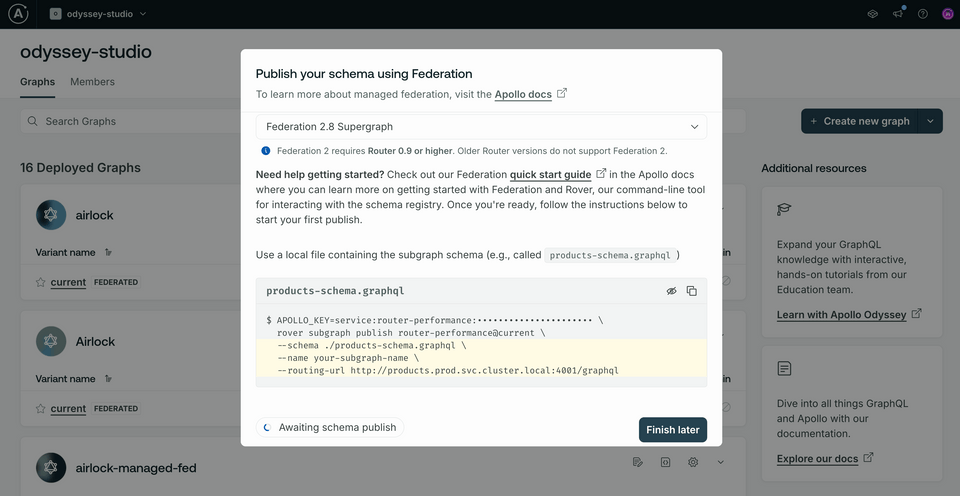 A modal window showing options for publishing the schema for our graph