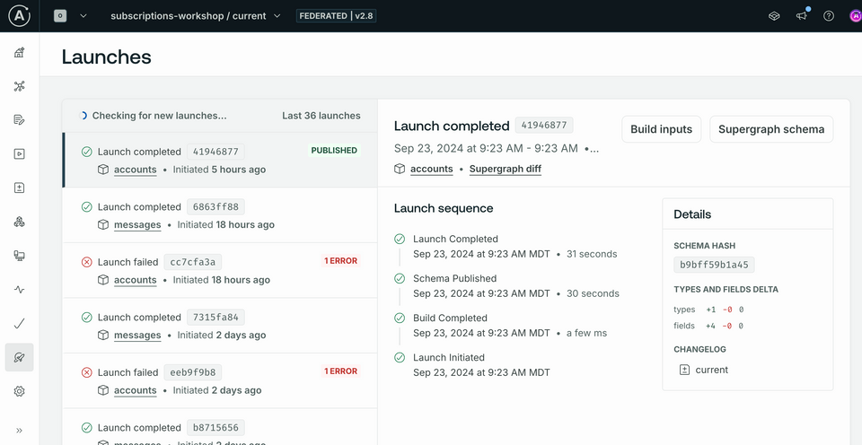 A screenshot of the Launches page in Studio, showing the sequence of checks that occur upon schema publish