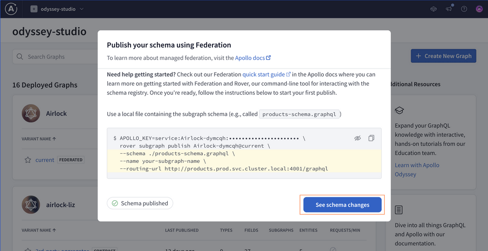 The schema publish modal, now with the 'See schema changes' button highlighted