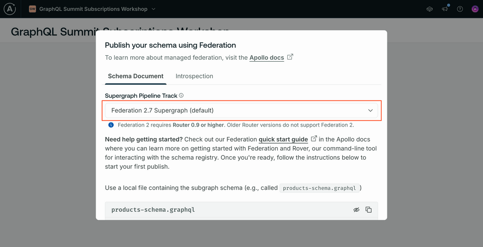 The modal in Studio with options for publishing our graph, highlighting the federation version