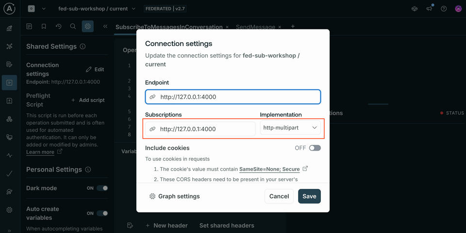 A screenshot of the modal window in Studio, highlighting where we specify the subscription IP address and port and specify the implementation