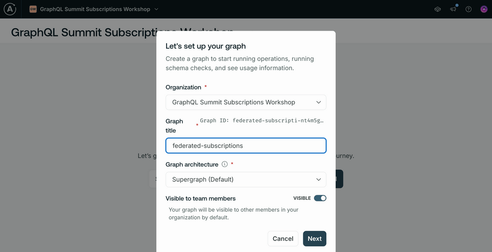 A screenshot of Studio showing the Create a graph modal, where we can input a name