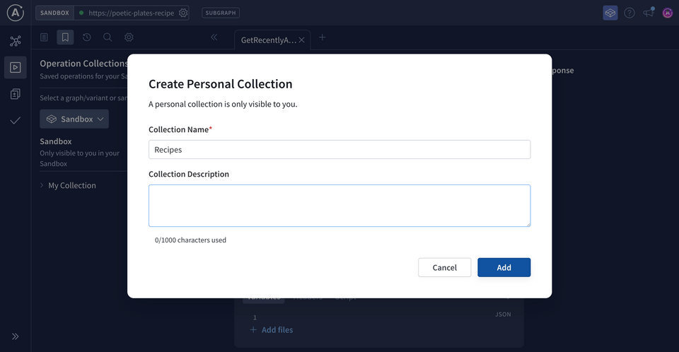 A screenshot of a modal in Sandbox, with inputs to create a new Operation Collection. The Collection Name field is filled in with 'Recipes'.