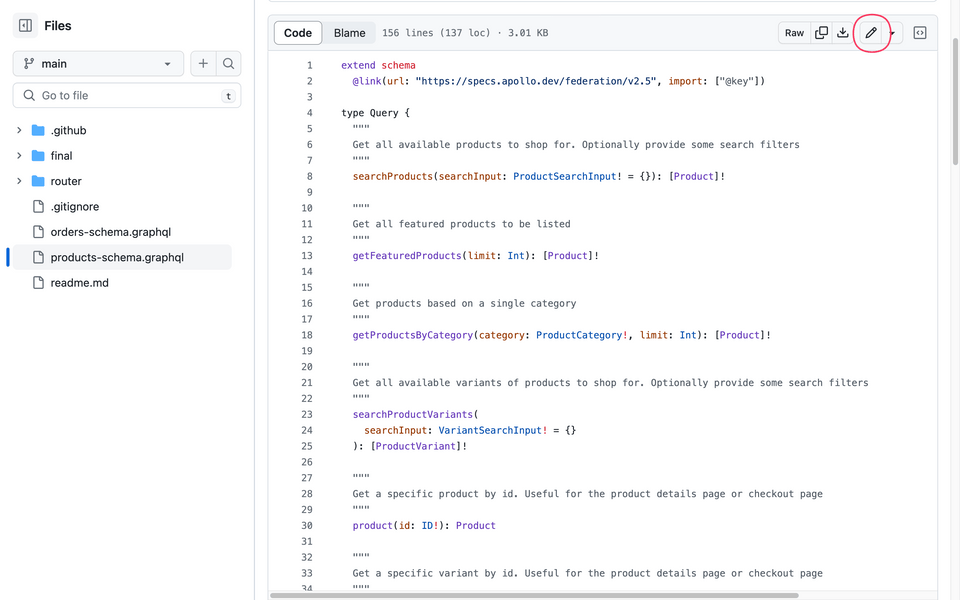 GitHub view of the products-schema.graphql file with pencil button highlighted