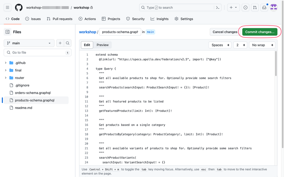 GitHub view of the products-schema.graphql file with Commit button highlighted