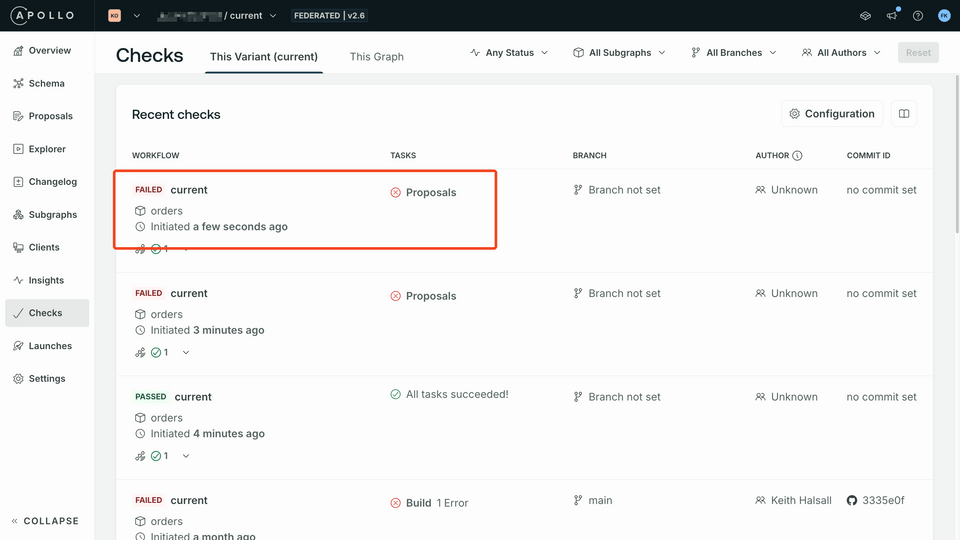 Screenshot of unsuccessful checks in Apollo Studio