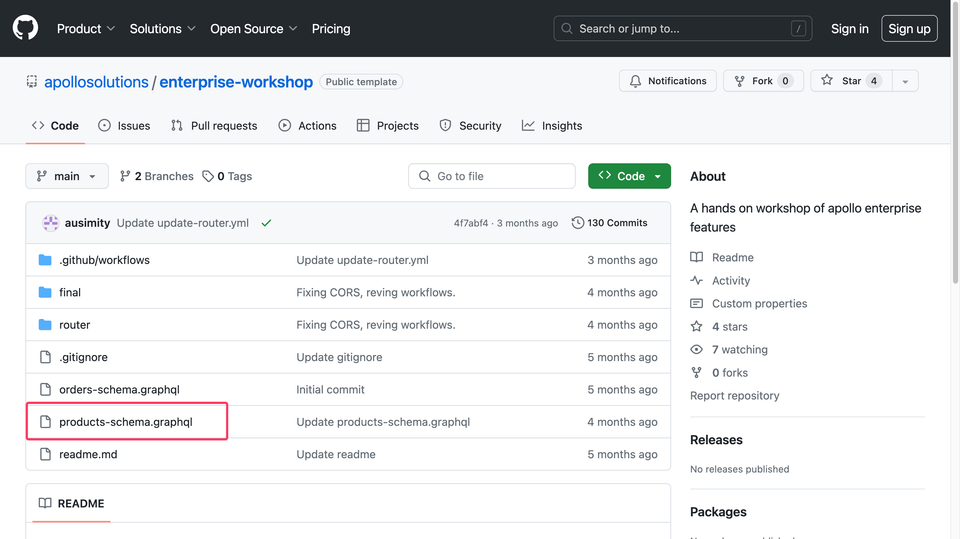 GitHub page with the products-schema.graphql file selected