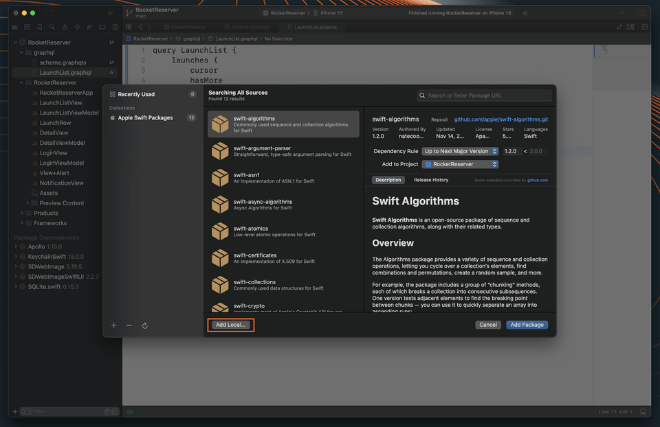 The Package Dependencies modal opened, highlighting Add Local Package