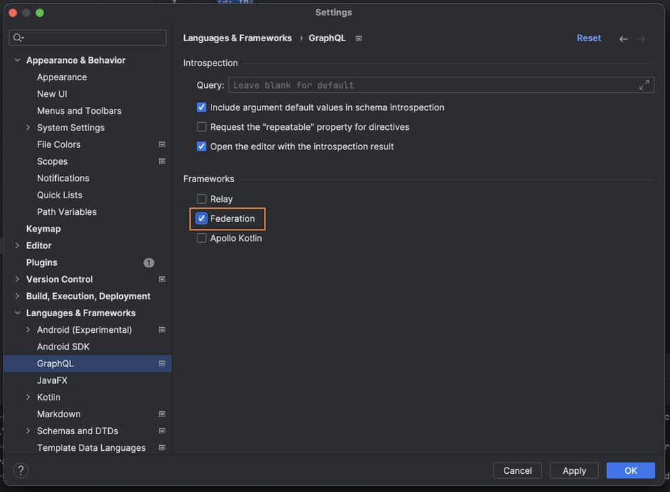 A screenshot of the IntelliJ Settings Languages & Frameworks window, with the Federation box checked