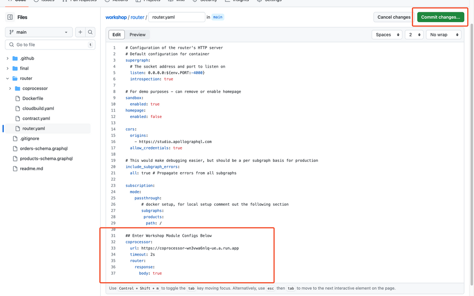 GitHub view of the products-schema.graphql file with Commit button highlighted