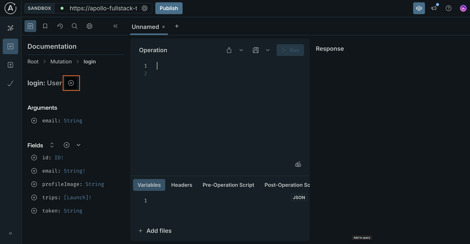 Sandbox Explorer opened to the Documentation tab, showing the login field and highlighting the plus button