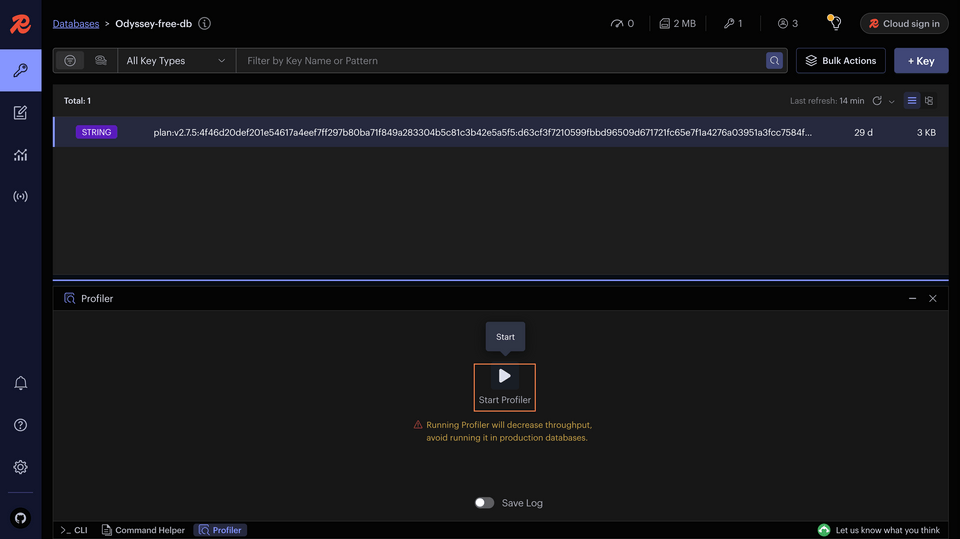 Redis Insight, with the Profiler window open showing a button 'Start Profiler'