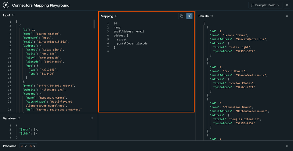 The Mapping panel, filled with some default syntax to select properties