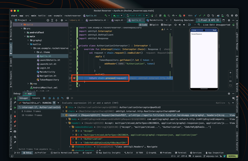 An open debugger showing the location of the breakpoint and the expected debugger output