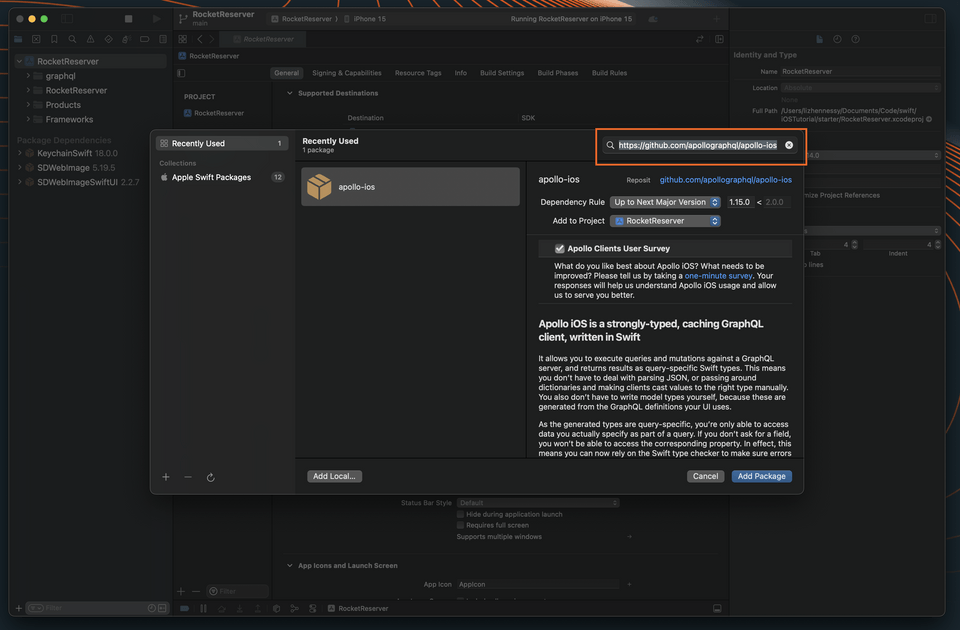 The Xcode add package dialog, updated to search for the Apollo iOS package