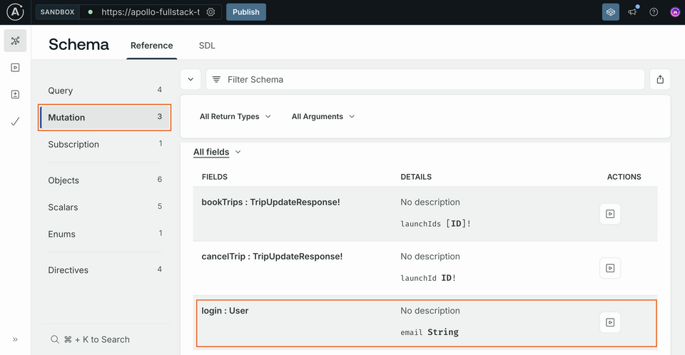 A screenshot of Sandbox's Schema page, highlighting the Mutation type and the login field