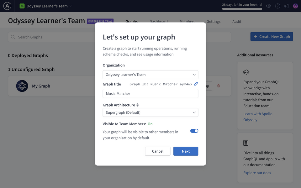 Studio, create new graph modal options