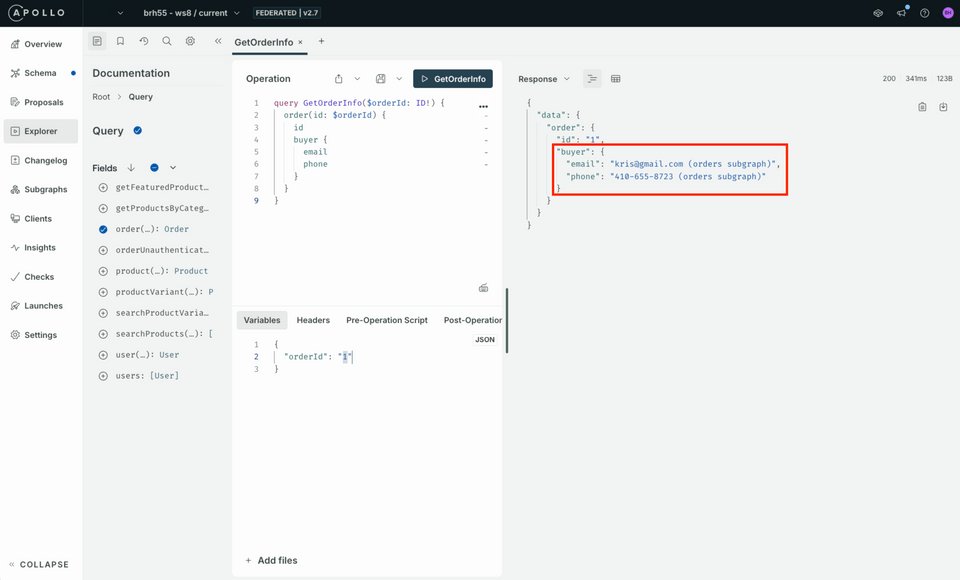 Results showing fields from orders subgraphs