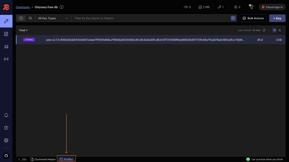 Redis Insight, highlighting the Profiler button at the bottom of the screen