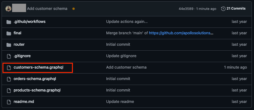 GitHub view with customers-schema.graphql file highlighted