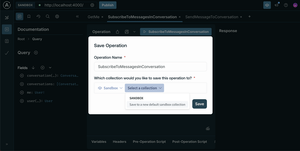 A screenshot of Sandbox, showing the modal to save an operation