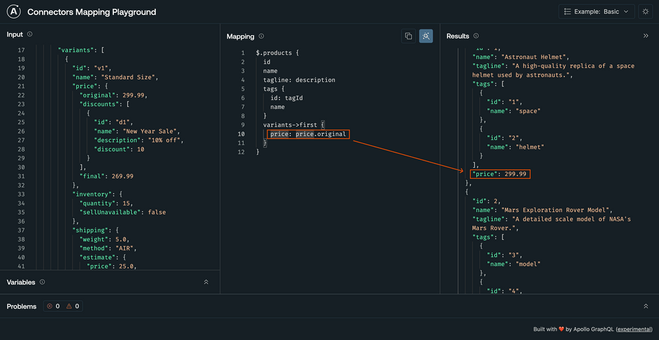 The Mapping and Results panels updated to show correct price information