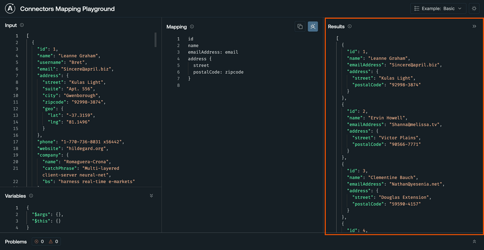 The Results panel, filled with the outcome of applying the mapping to the JSON response