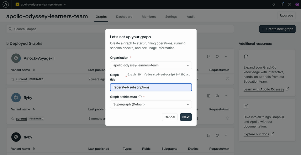 The create graph modal in Studio, filled out with the name federated-subscriptions