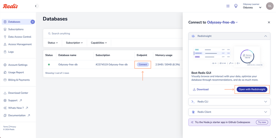 The Databases page with the Connect button highlighted. The connect modal is open, highlighting the Open with Redis Insight button