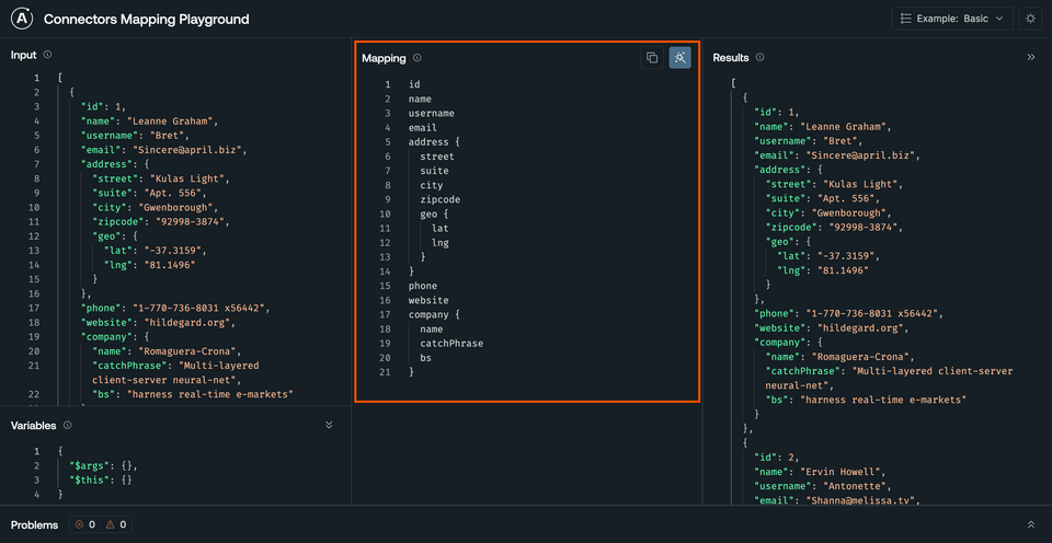 The Mapping panel, showing the mapping syntax updated to return a mapping for each JSON property 1:1