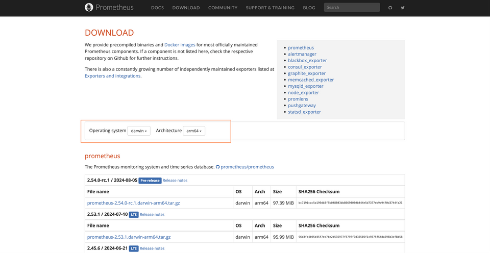 The Prometheus download page, highlighting the dropdowns for operating system and architecture