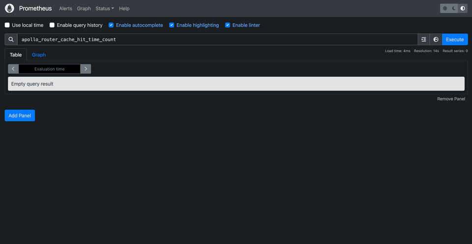 A screenshot of the Prometheus dashboard showing no results for the metric apollo_router_cache_hit_time_count