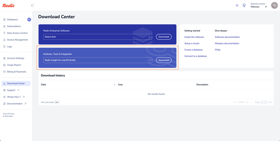 The Download Center in Redis, highlighting the Modules, Tools & Integration section with Redis Insight selected from the dropdown