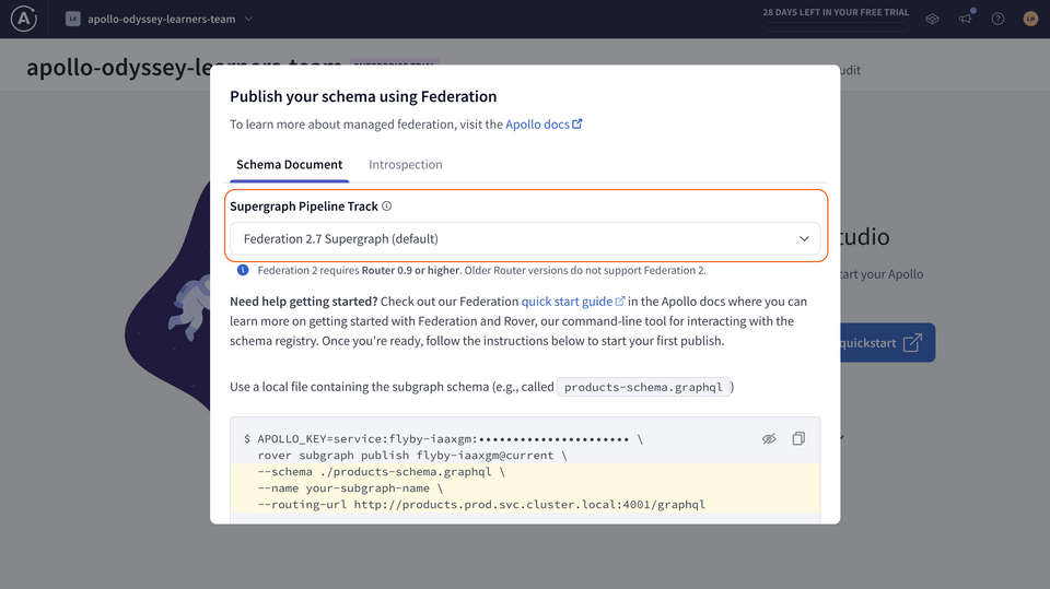 The Publish your schema with Federation modal, highlighting the Federation 2 Supergraph option for the Supergraph Pipeline Track