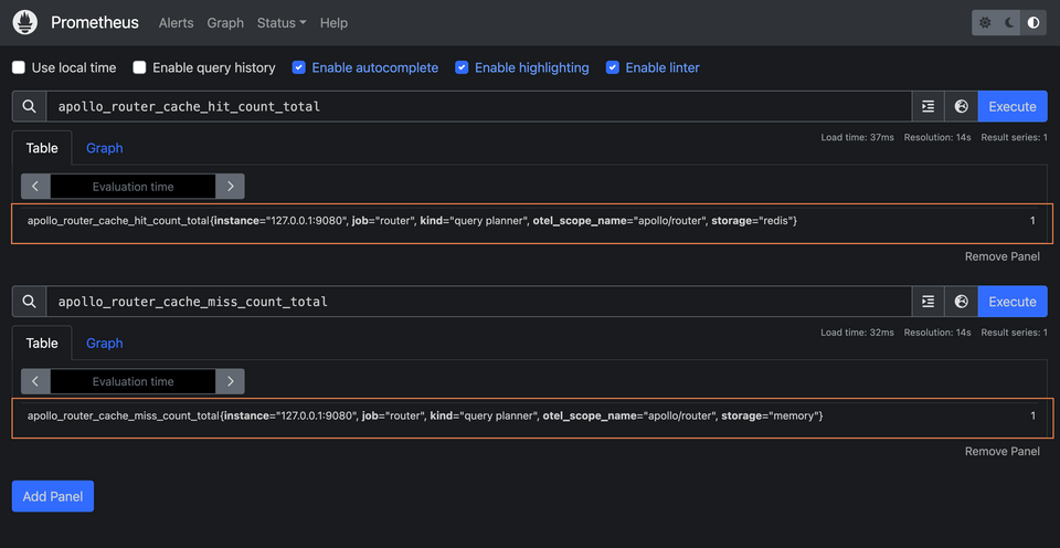 Prometheus updated for the refreshed router instance, showing an in-memory cache miss and a Redis cache hit