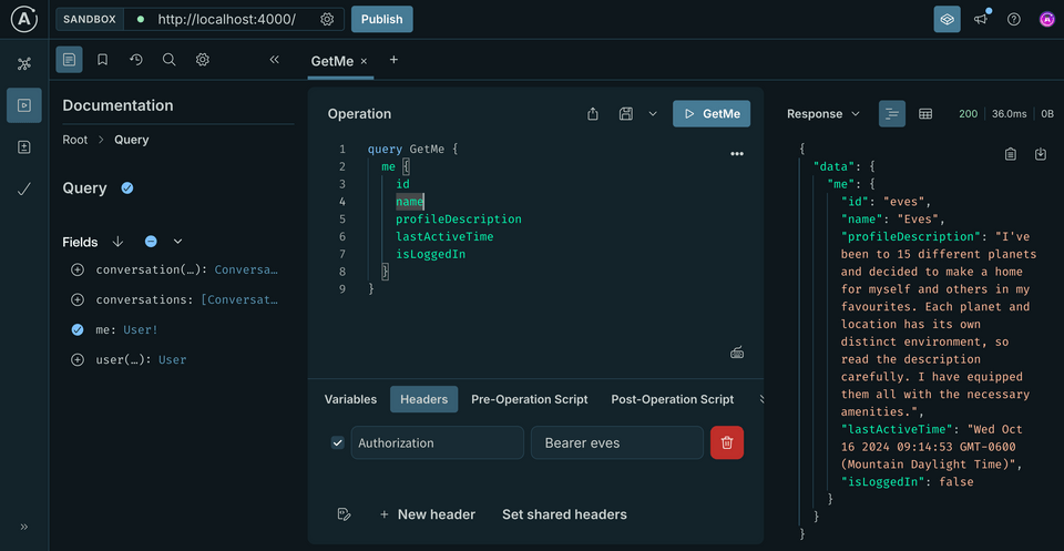 A screenshot of Sandbox, showing a successful data response