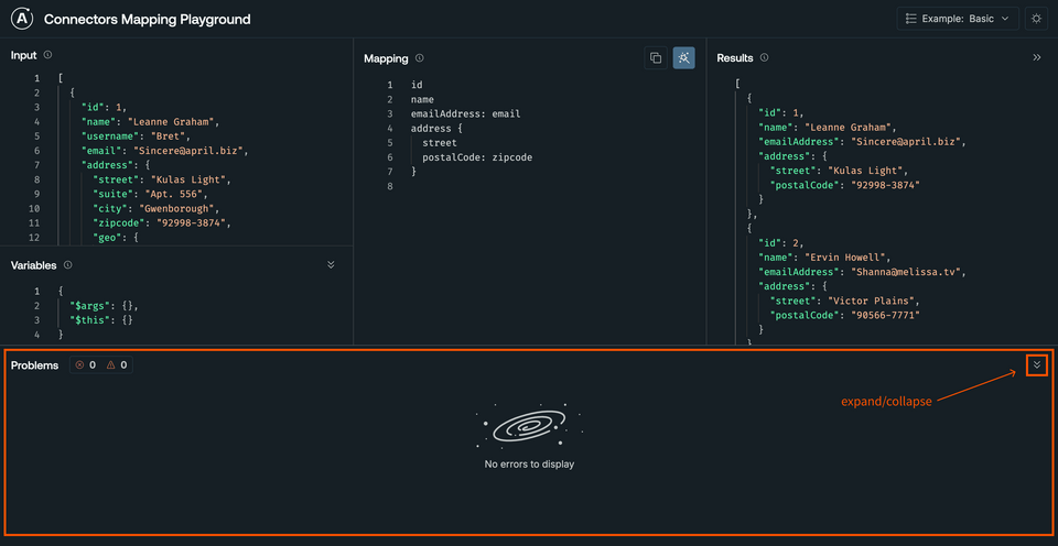 A screenshot showing the Problems section expanded, revealing no errors