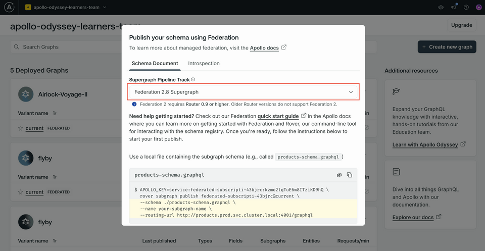 The schema publish modal, highlighting the Supergraph Pipeline Track dropdown