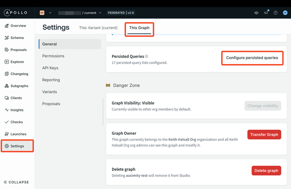 Studio screenshot with highlights on where to configure persisted queries