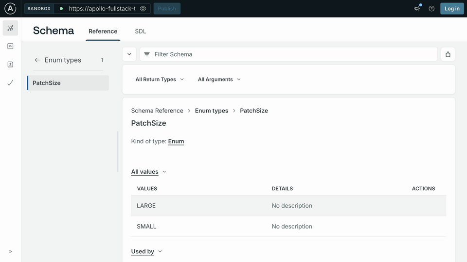 The PatchSize enum field in Sandbox Schema, showing the different available values