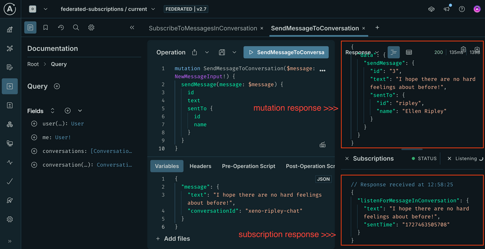 A new subscription event reflected in Explorer, along with the mutation response