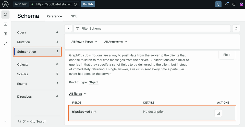 Sandbox opened to the Schema page, with focus on the Subscription type. Its tripsBooked field is highlighted