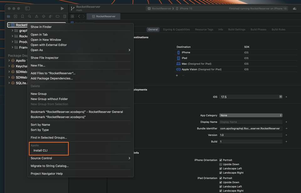 XCode menu opened, highlighting the Apollo command Install CLI
