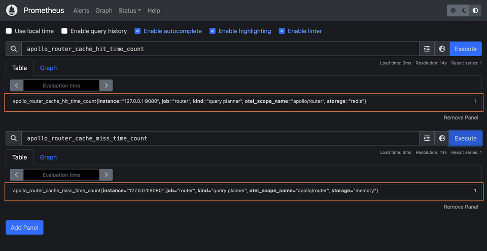 Prometheus updated for the refreshed router instance, showing an in-memory cache miss and a Redis cache hit