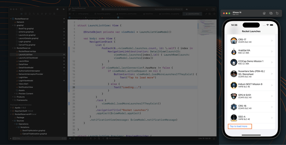The simulator showing a list of launches with Tap to load more option at the bottom of the list