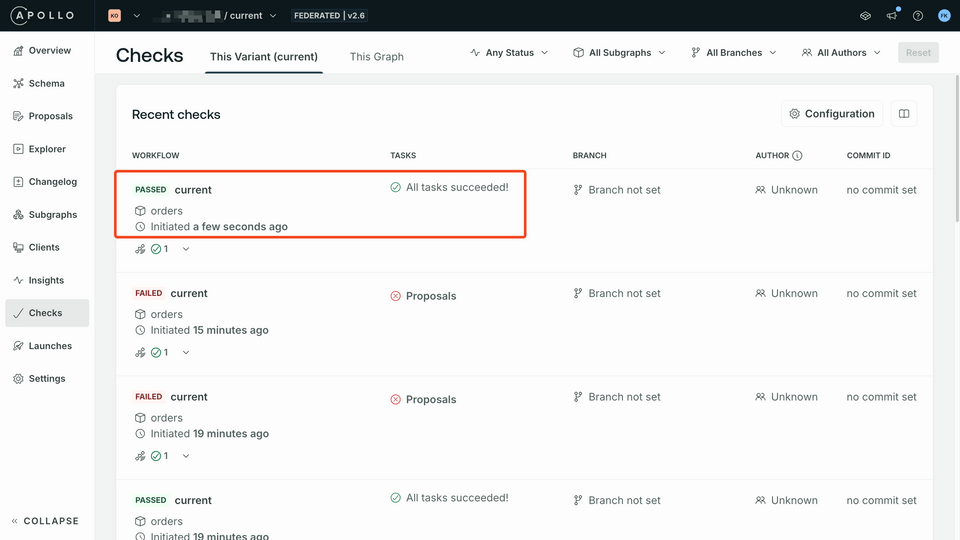 Screenshot of successful checks in Apollo Studio